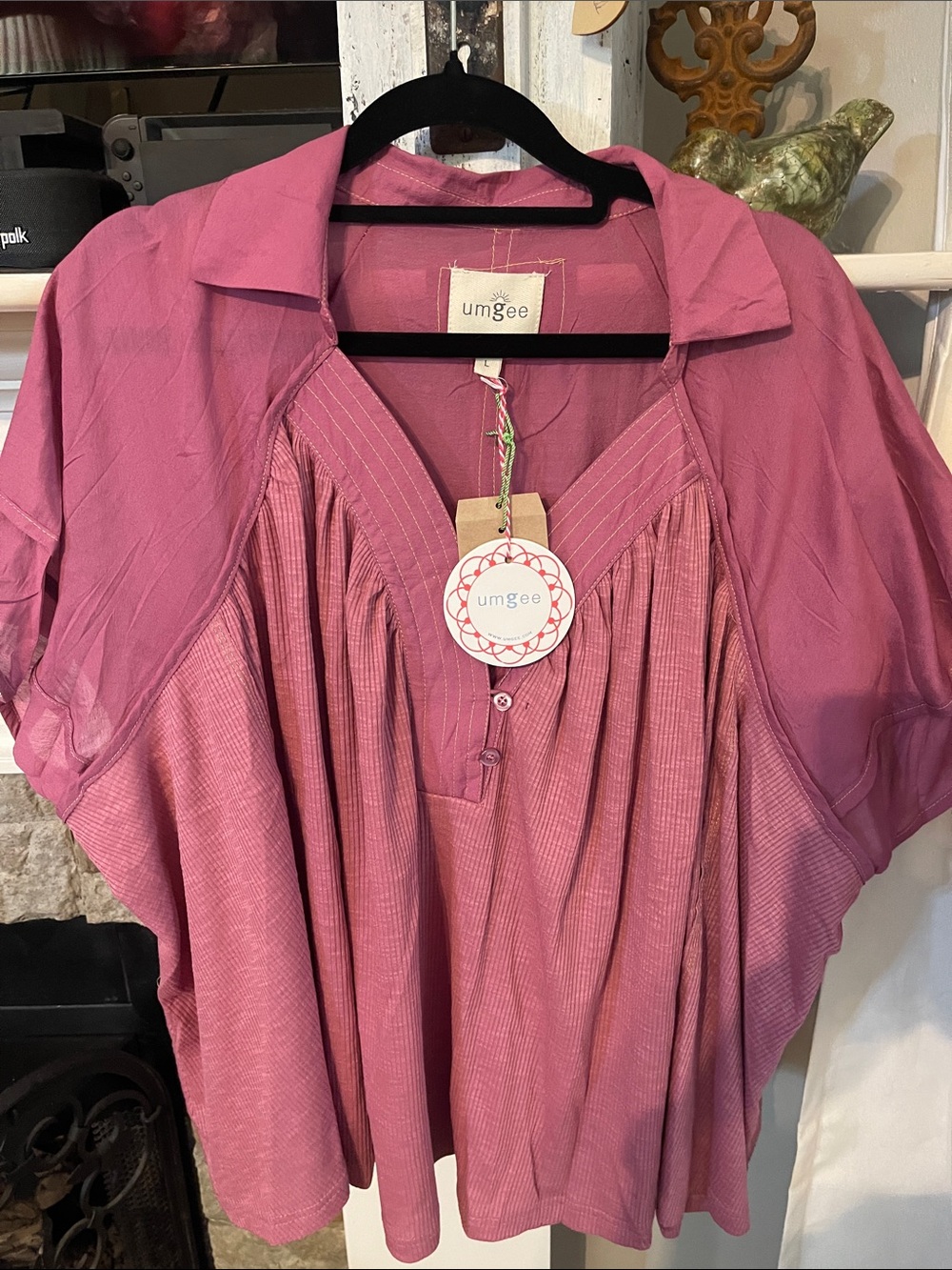 Umgee Rose-Pink Short Sleeve Pleated Blouse-Large-NWT